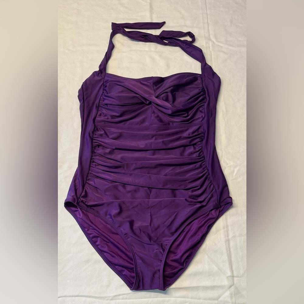 Purple Ruched Swimsuit Tummy Control XXL Removable Pads Built in Bra NWT